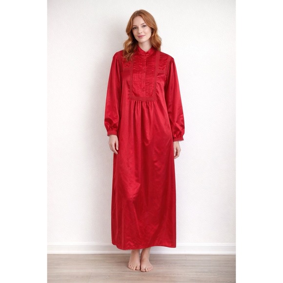 Ilise Stevens Other - Vintage Ilise Stevens Red Satin Nightgown S – Lace Modest Long Sleeve Taiwan